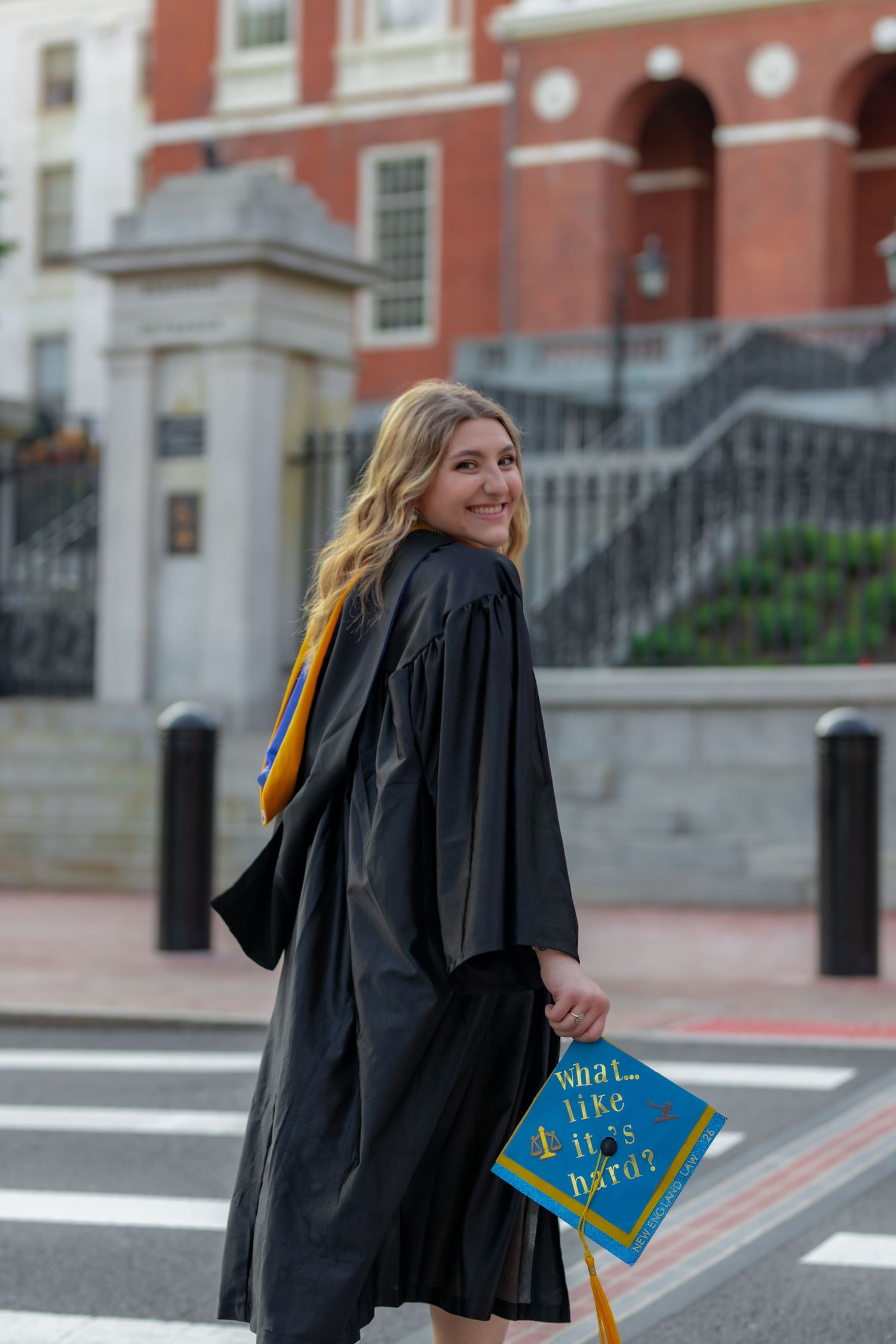A series of photos showing a graduate walking with a decorated graduation cap that reads 'Life is better'.