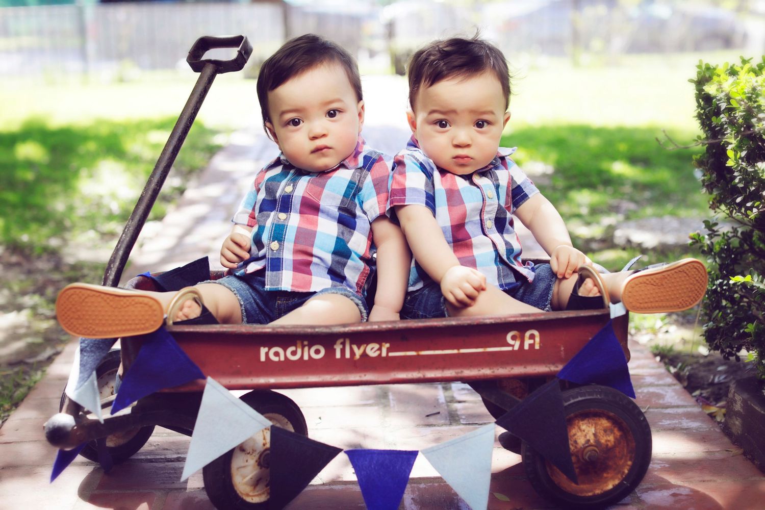 Twin baby boys in plaid shirts sitting together in a red Radio Flyer wagon outdoors.
