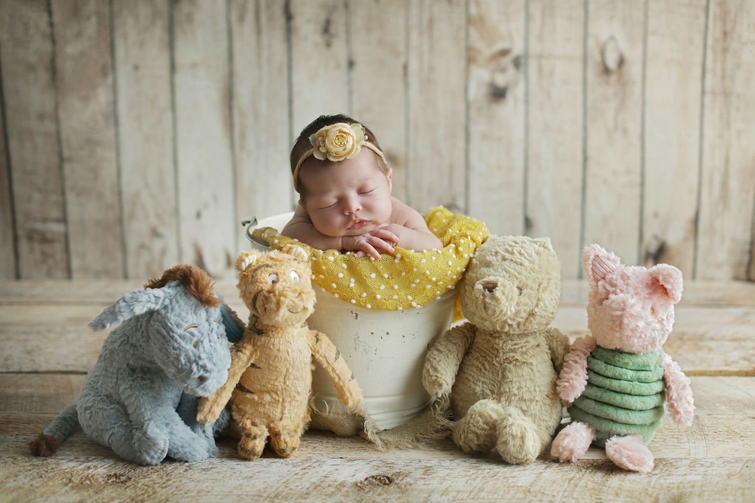 Newborn baby sleeping in white bucket surrounded by classic Winnie the Pooh stuffed animals on rustic wood background.
