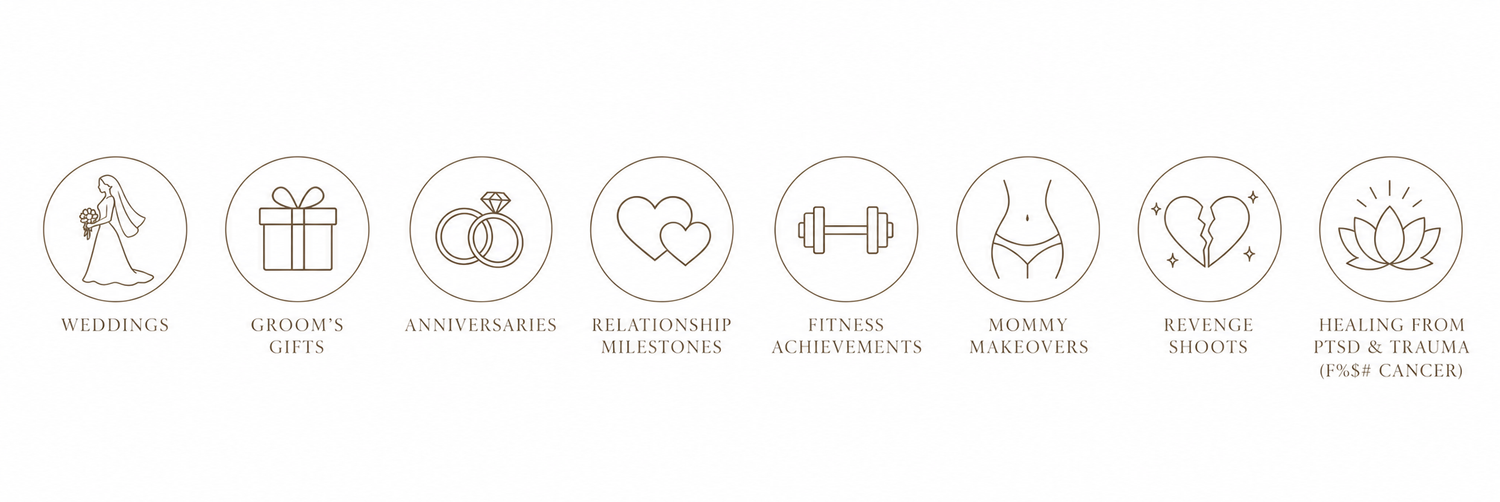Icons representing wedding, luxury gifts, anniversaries, relationship milestones, fitness, mommy makeovers, defense, and healing services.