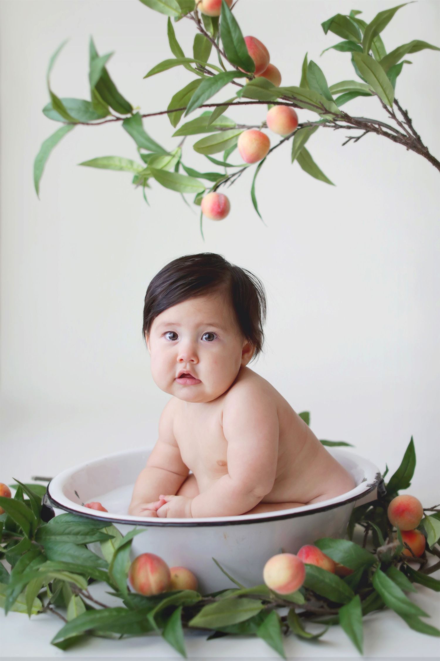 Baby sitting in an enamel tub surrounded by fresh peach branches and fruit.