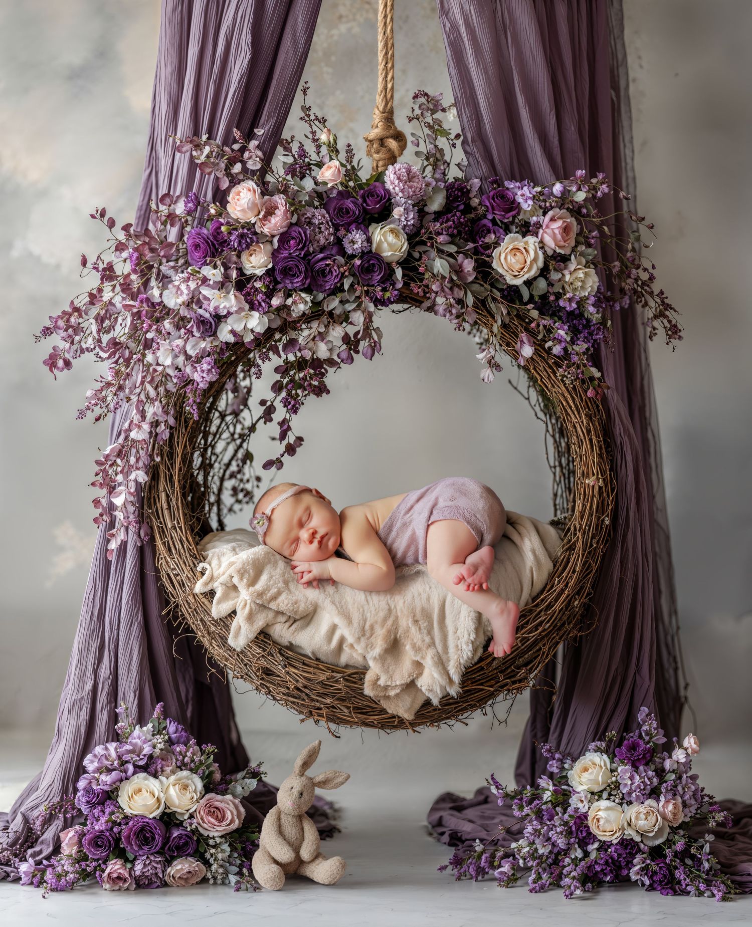 Sleeping newborn in purple wrap rests in floral wreath swing with bunny toy below.