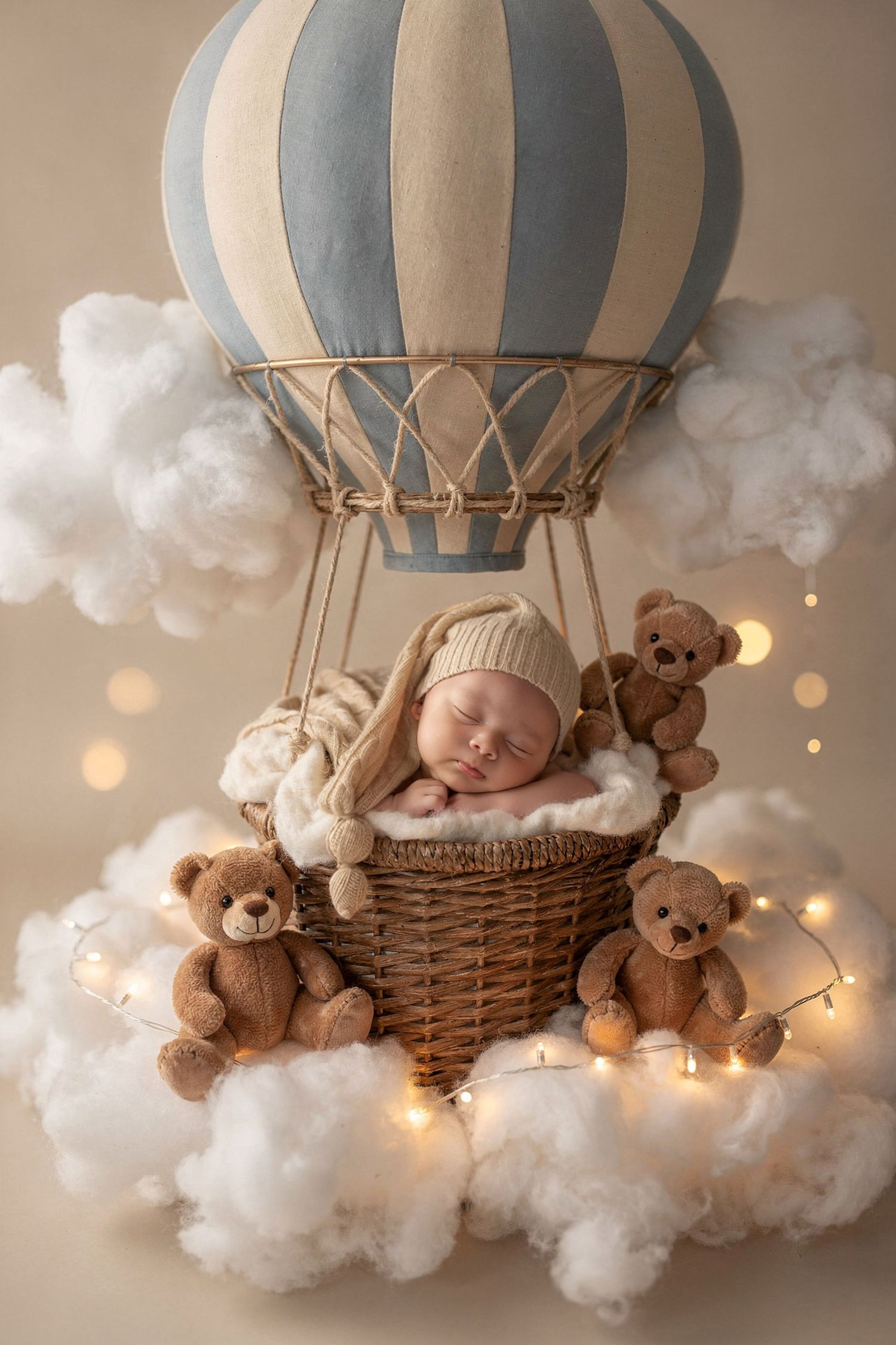 Newborn baby sleeping in wicker hot air balloon basket surrounded by teddy bears, fairy lights, and fluffy clouds.