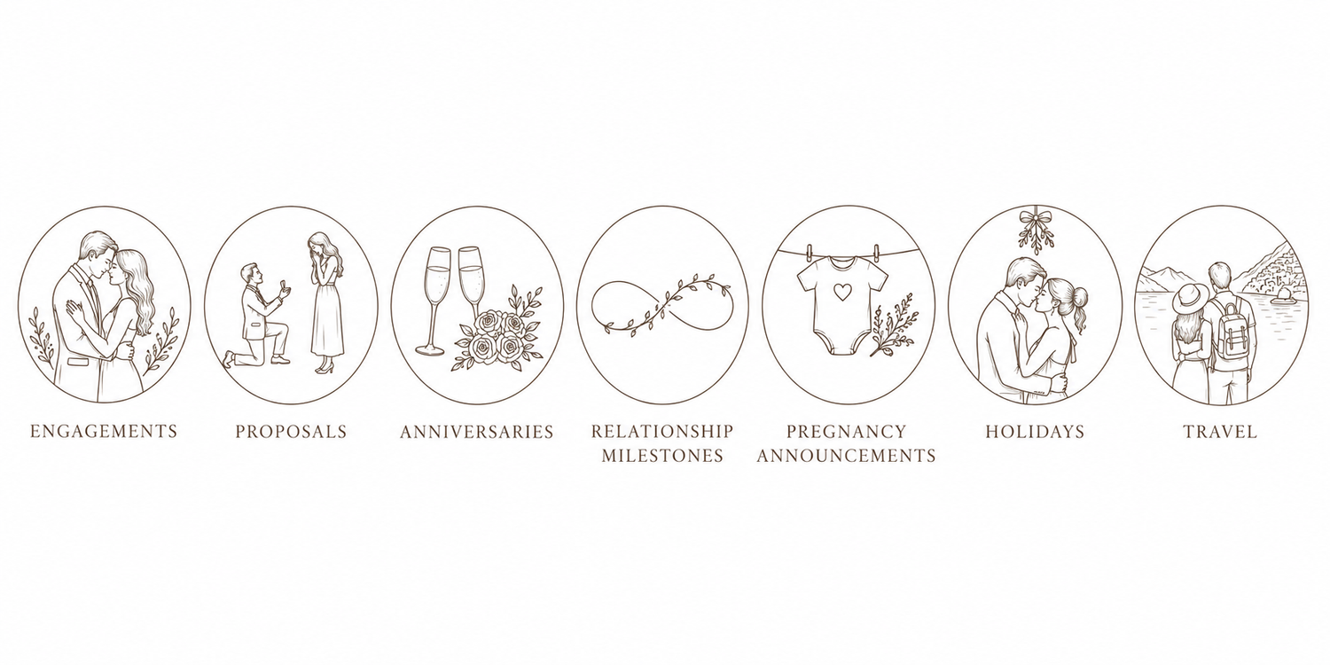 Seven elegant circular icons depicting life events: engagements, proposals, anniversaries, relationship milestones, pregnancy, holidays, and