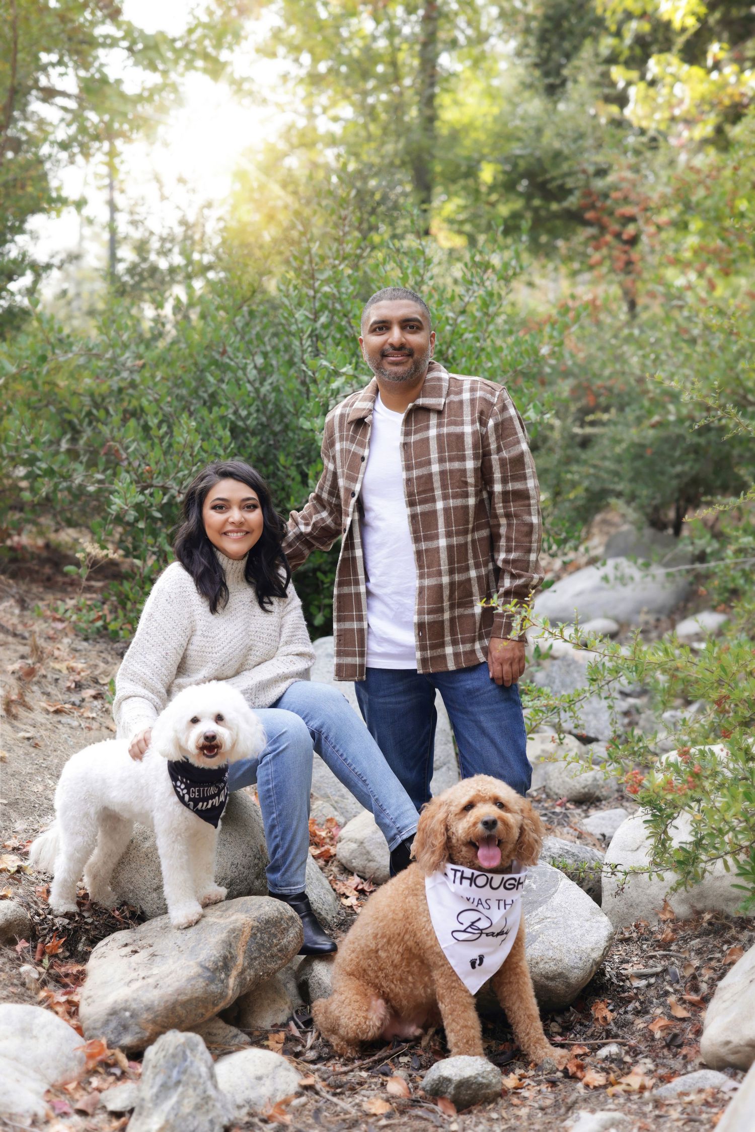Couple posing outdoors with two goldendoodle dogs on rocky path surrounded by autumn trees.