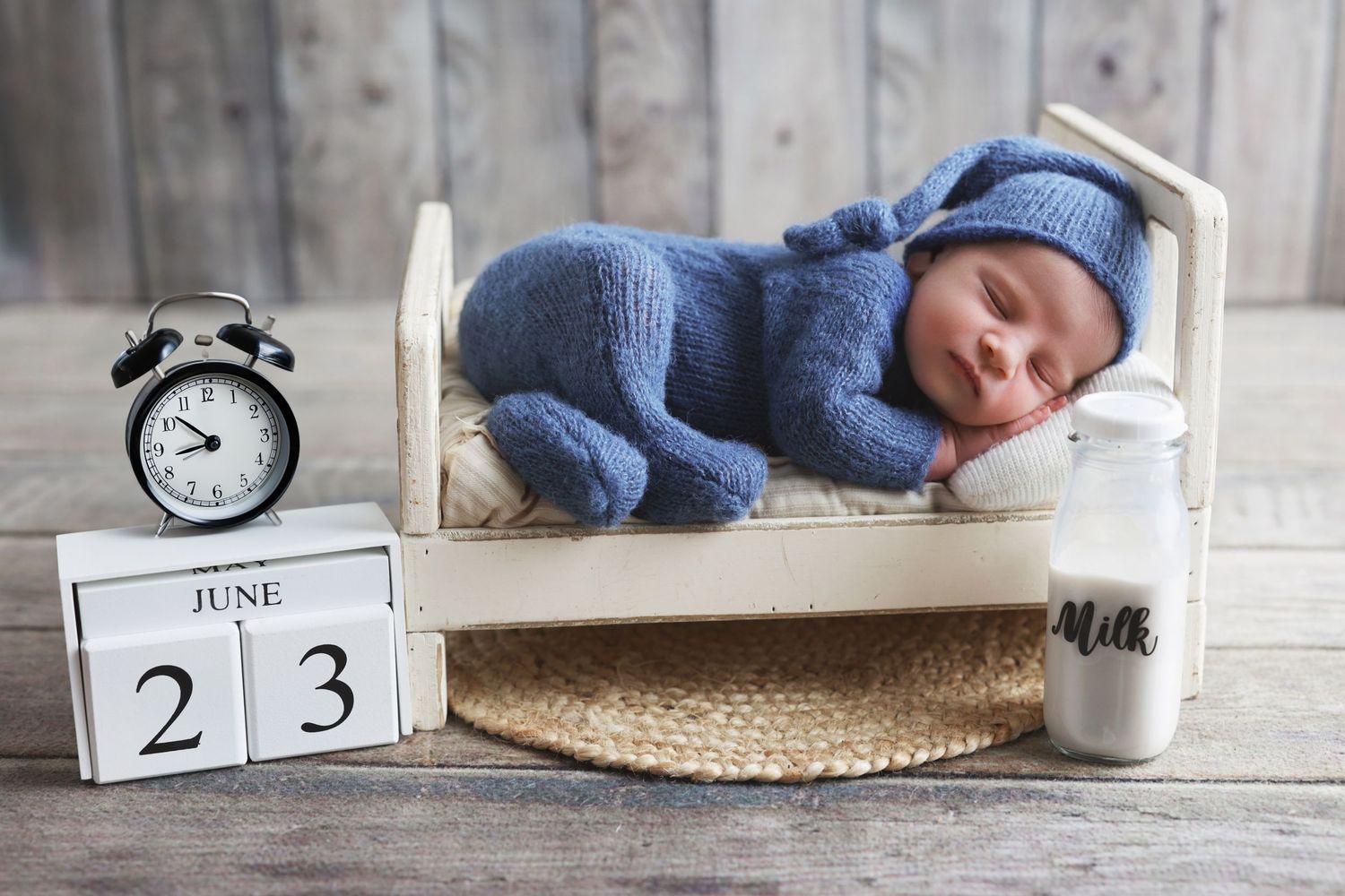 Newborn baby in blue knit outfit sleeping in tiny bed with June 23 date blocks.