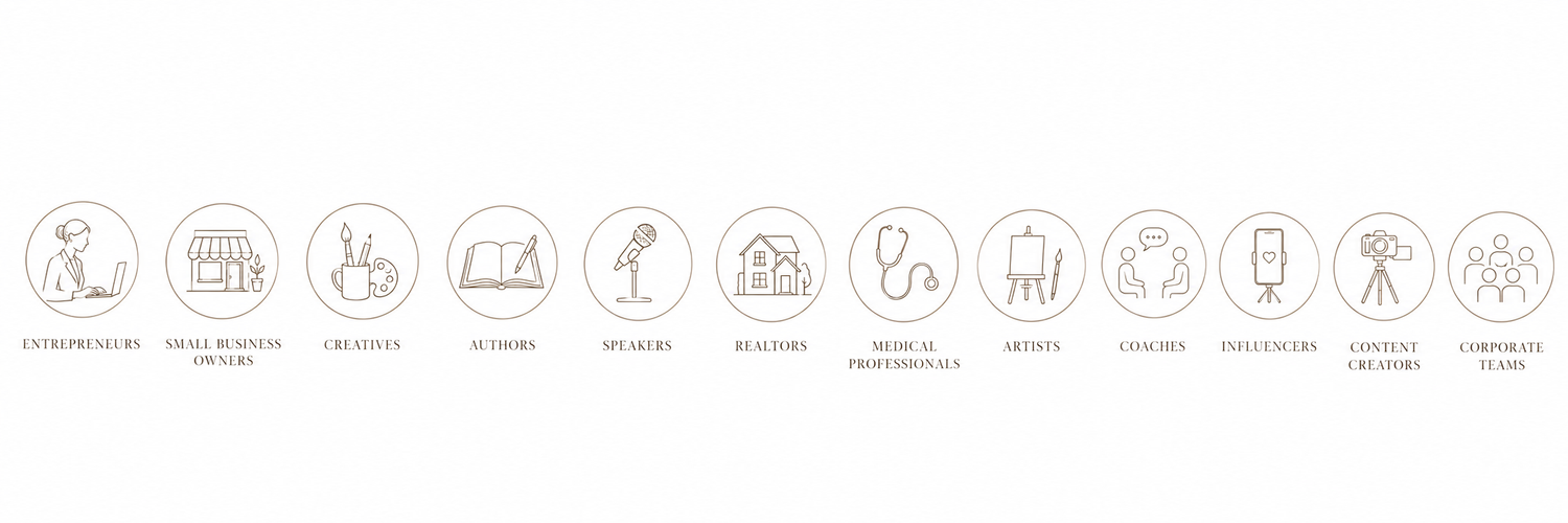 A row of minimalist line icons representing various business and lifestyle services in beige tones.