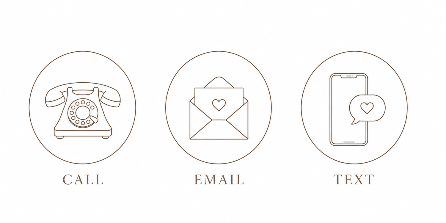 Three circular icons for call, email, and text contact options with vintage phone, envelope, and smartphone illustrations.