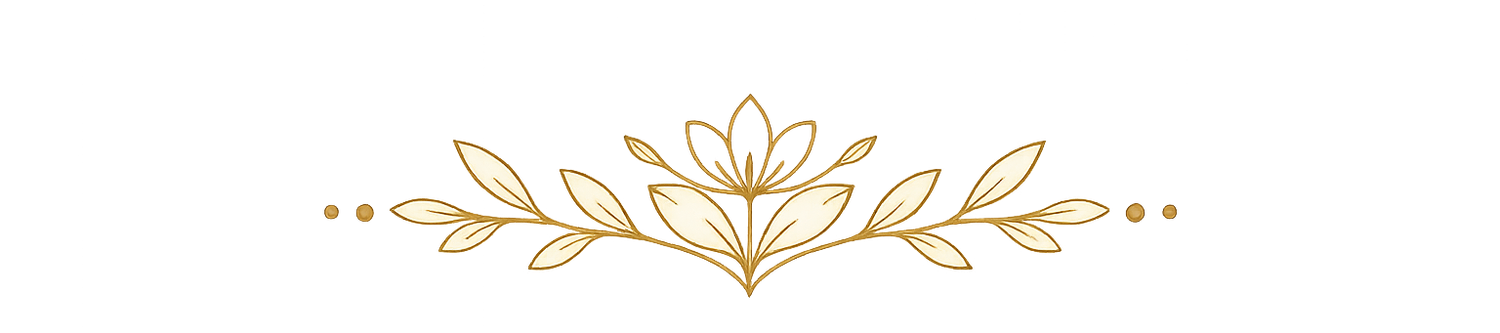 Gold botanical line art divider with central flower and symmetrical leaves.