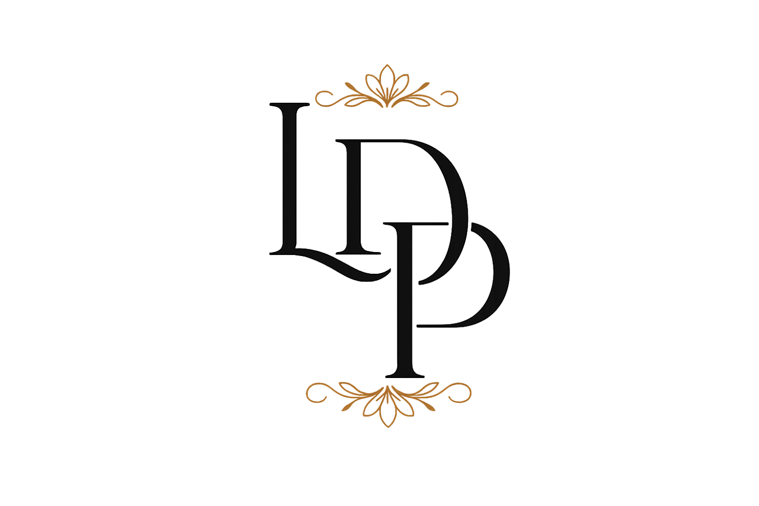 Elegant LDP monogram logo with gold floral ornaments on white background.