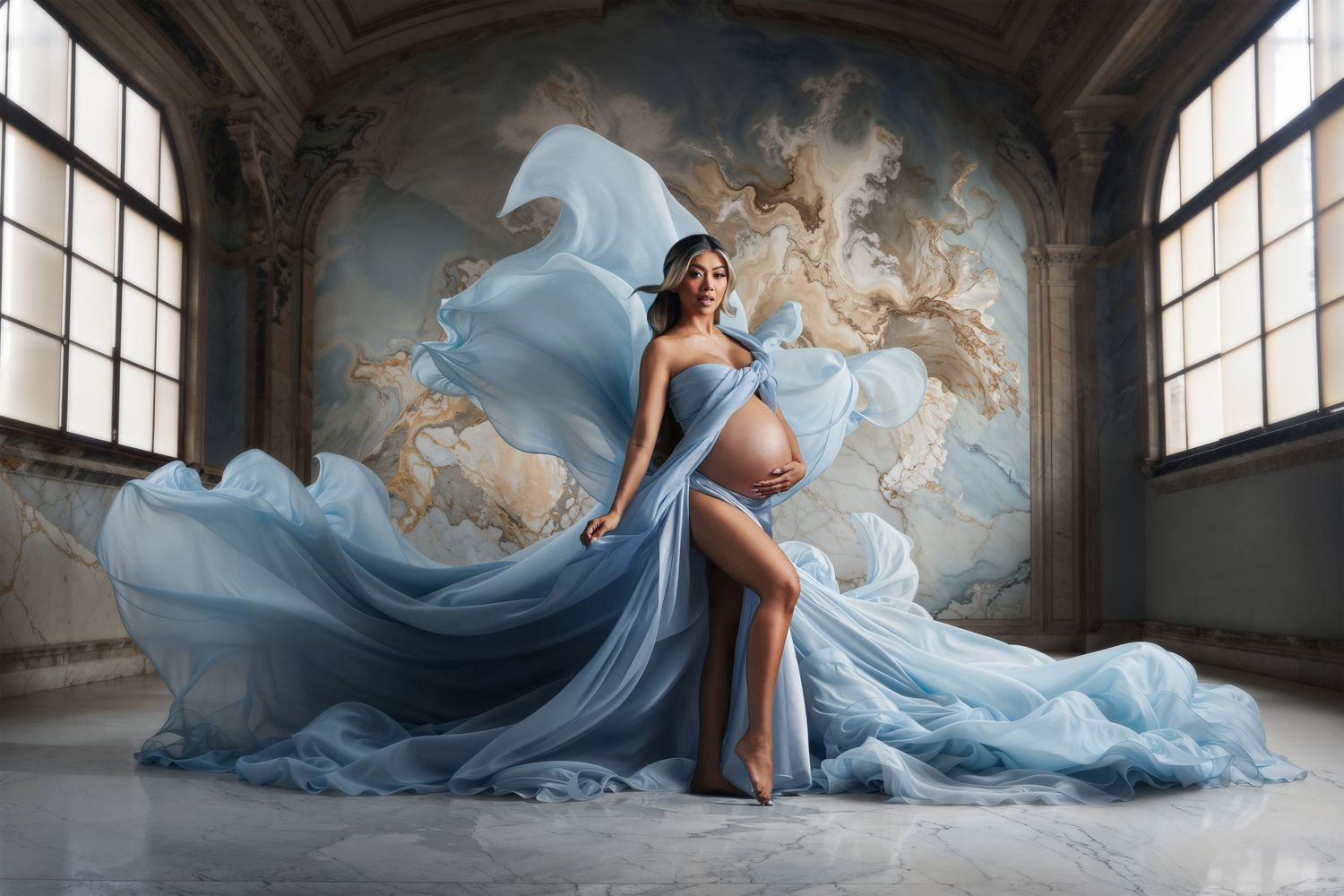 Pregnant woman in flowing blue gown poses gracefully in ornate room with classical mural backdrop.