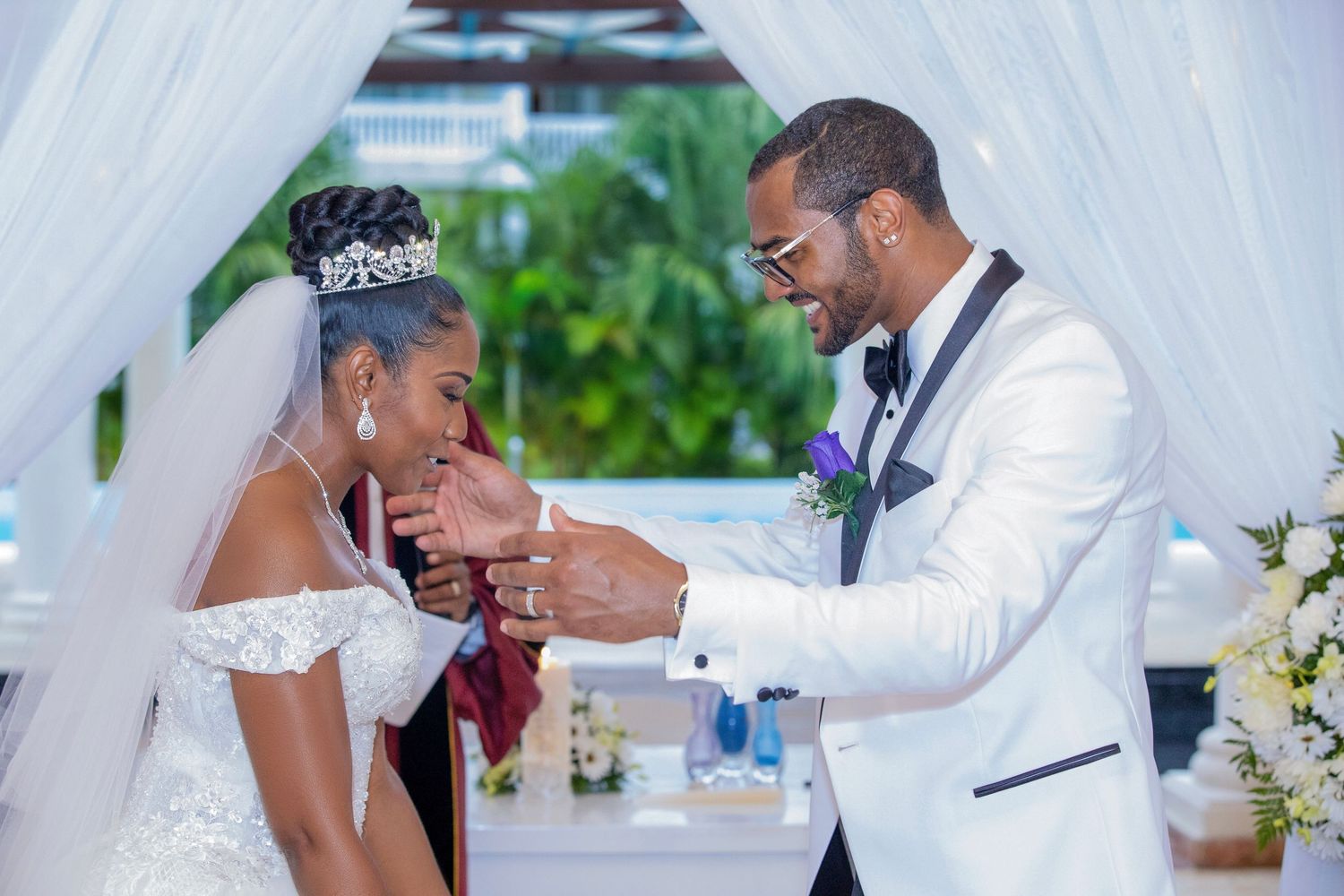 The moment the groom went in for the first kiss at this beautiful destination wedding in Jamaica.