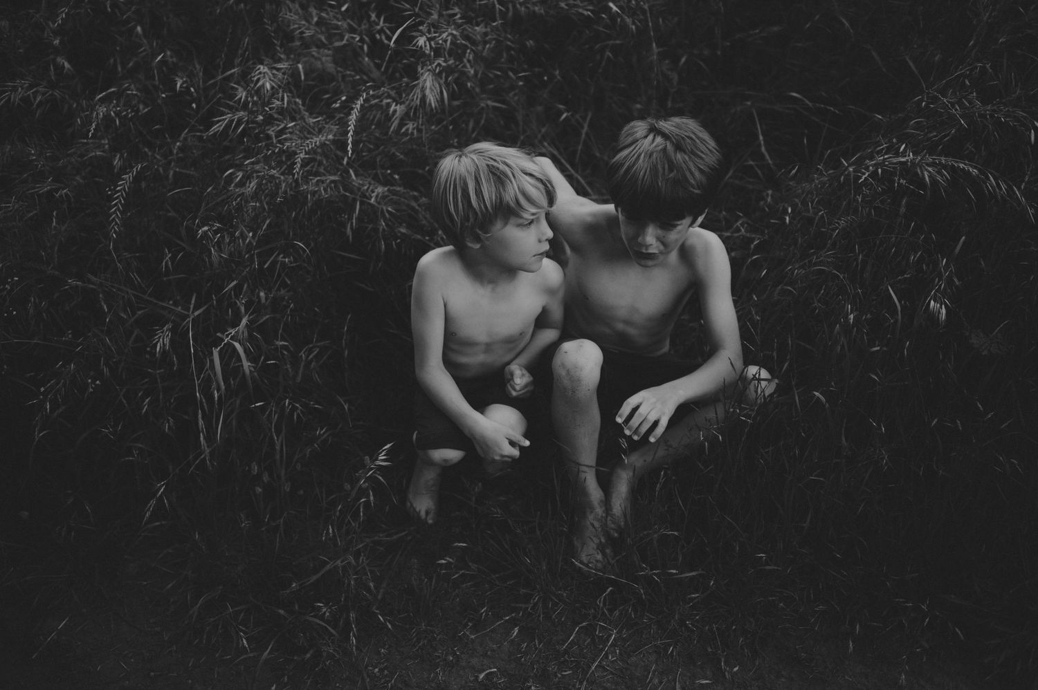 Two shirtless young boys sitting close together among lush green bushes in black and white.