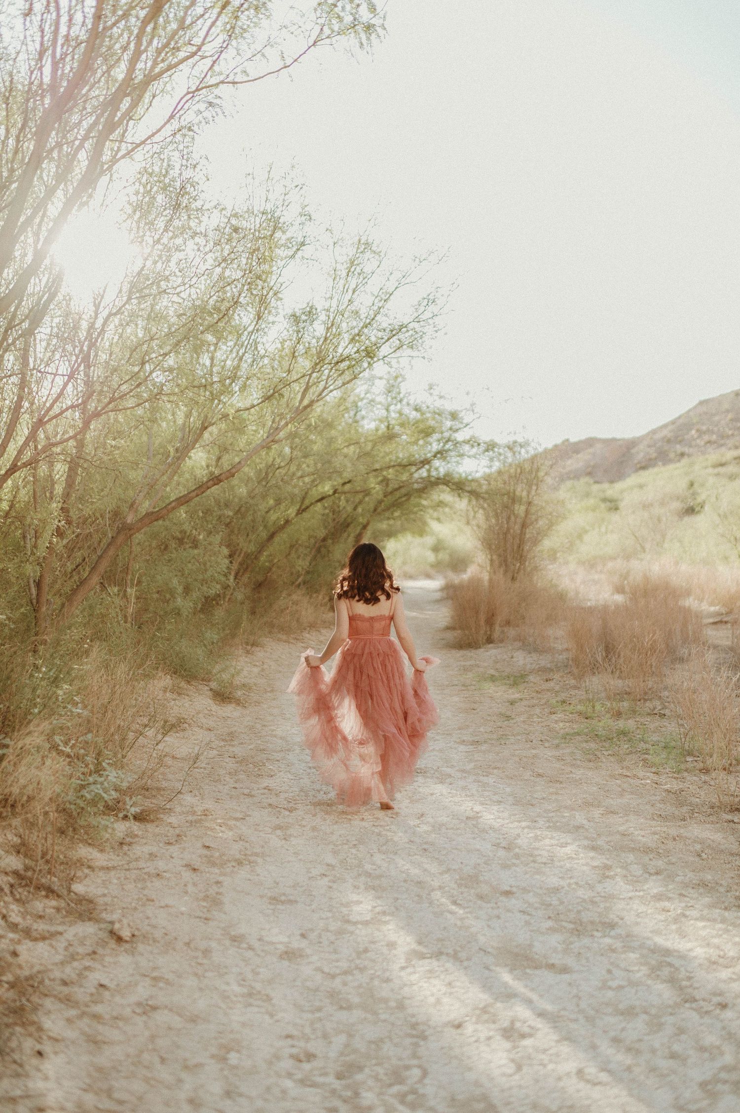 Woman in flowing pink tulle gown walking away down a desert trail.
