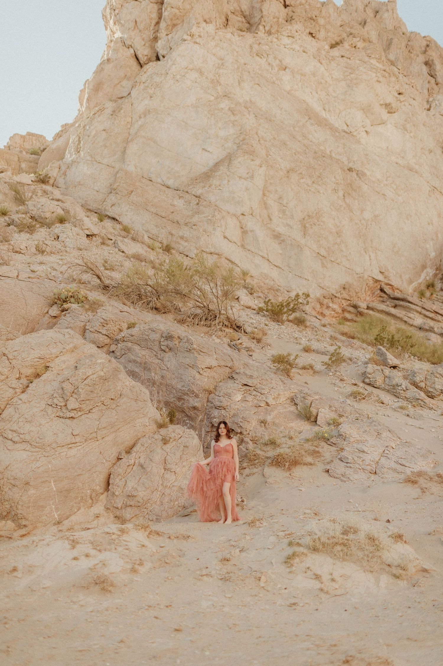 Woman in pink tulle gown standing among desert rock formations in an arid landscape.