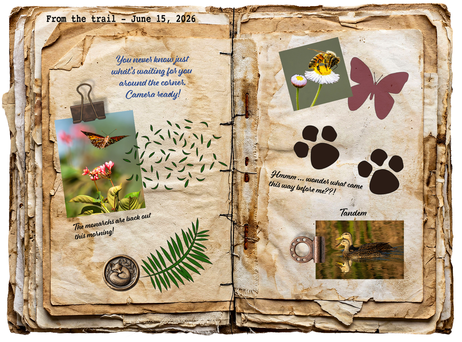 Along the Trail field journal featuring a monarch butterfly, a honeybee, animal tracks, nature artwork, and reflective writing.