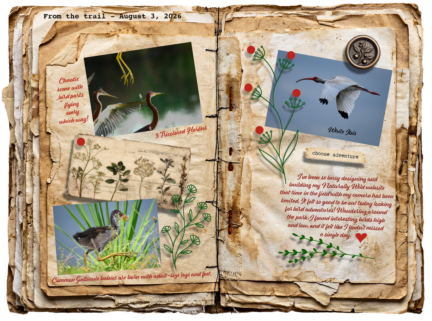 Along the Trail field journal featuring tricolored herons, common gallinule, white ibis, and reflective writing.