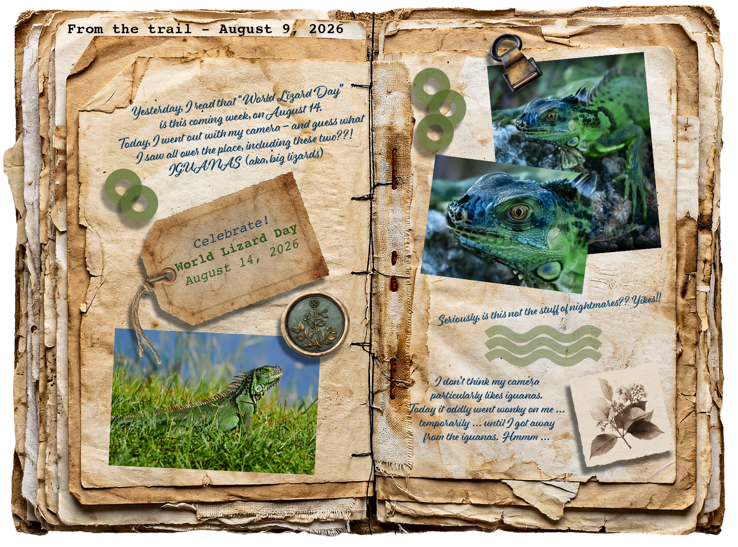 Along the Trail field journal featuring photographs and observations of iguanas encountered in the field.