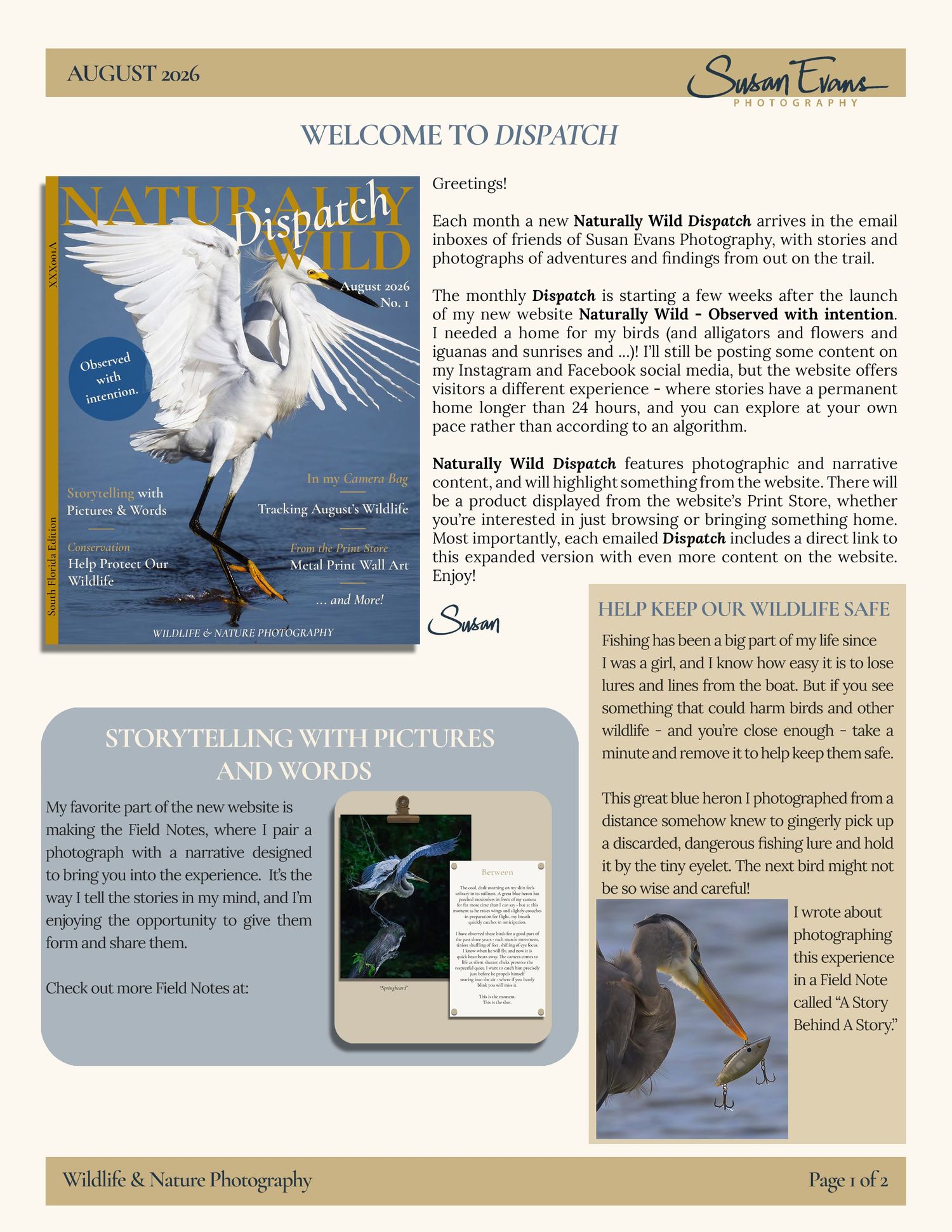 Page 1 of the August 2026 Monthly Dispatch about a welcome letter, storytelling with pictures and words, and helping protect our wildlife.
