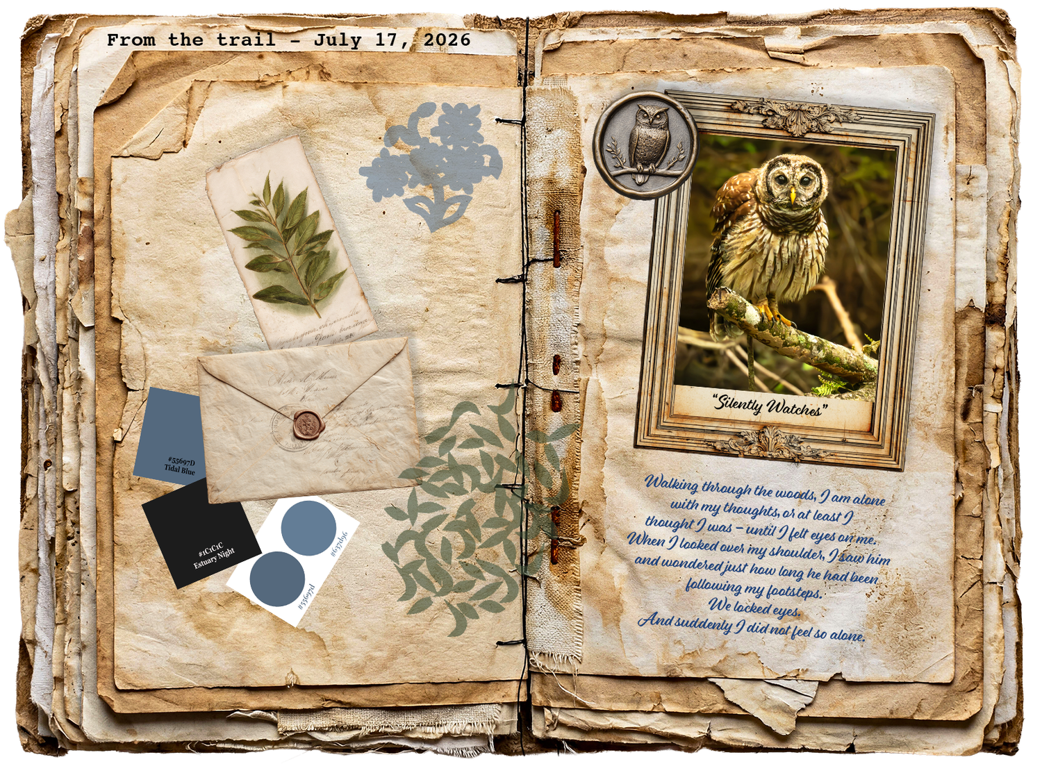Along the Trail field journal featuring a barred owl, color swatches, nature artwork, and reflective writing.