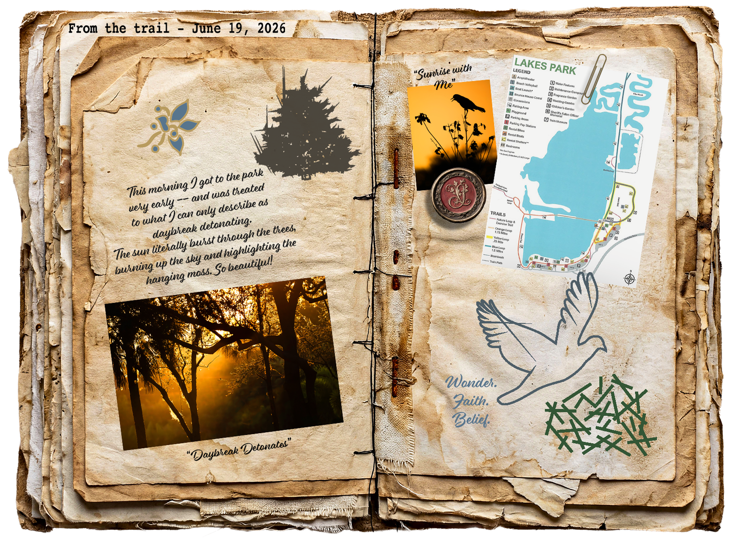 Along the Trail field journal featuring sunrise through trees, Lakes Regional Park, and reflective writing.