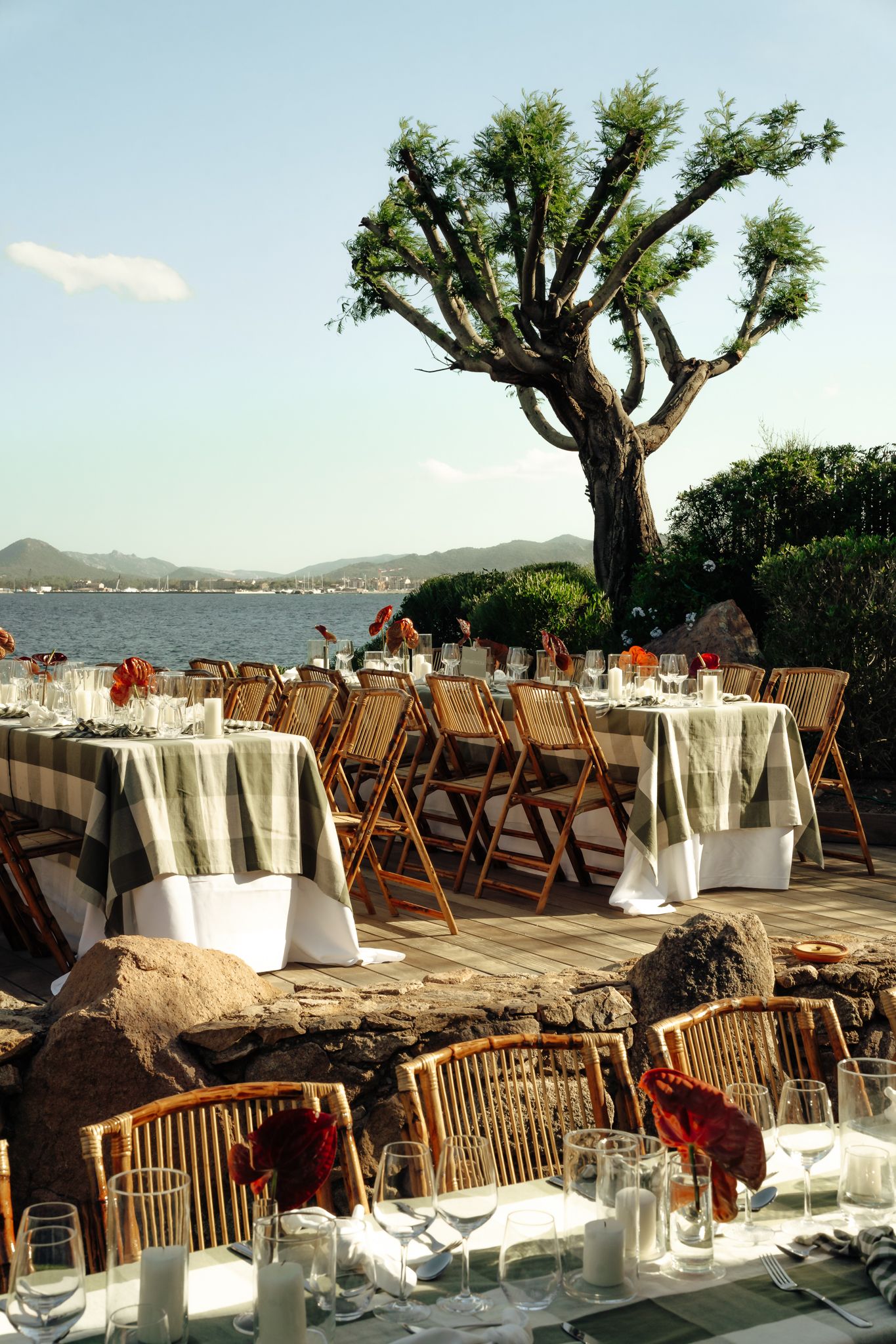 Elegant outdoor waterfront dining setup with wooden chairs, draped tables, and a scenic tree overlooking the sea.