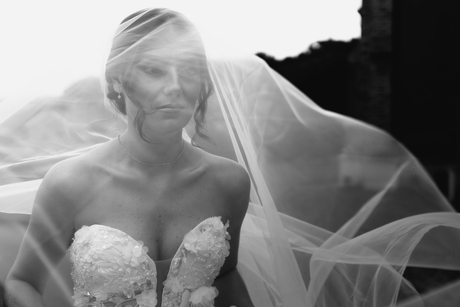 Dramatic black and white portrait of bride with veil flowing around her face in soft light.