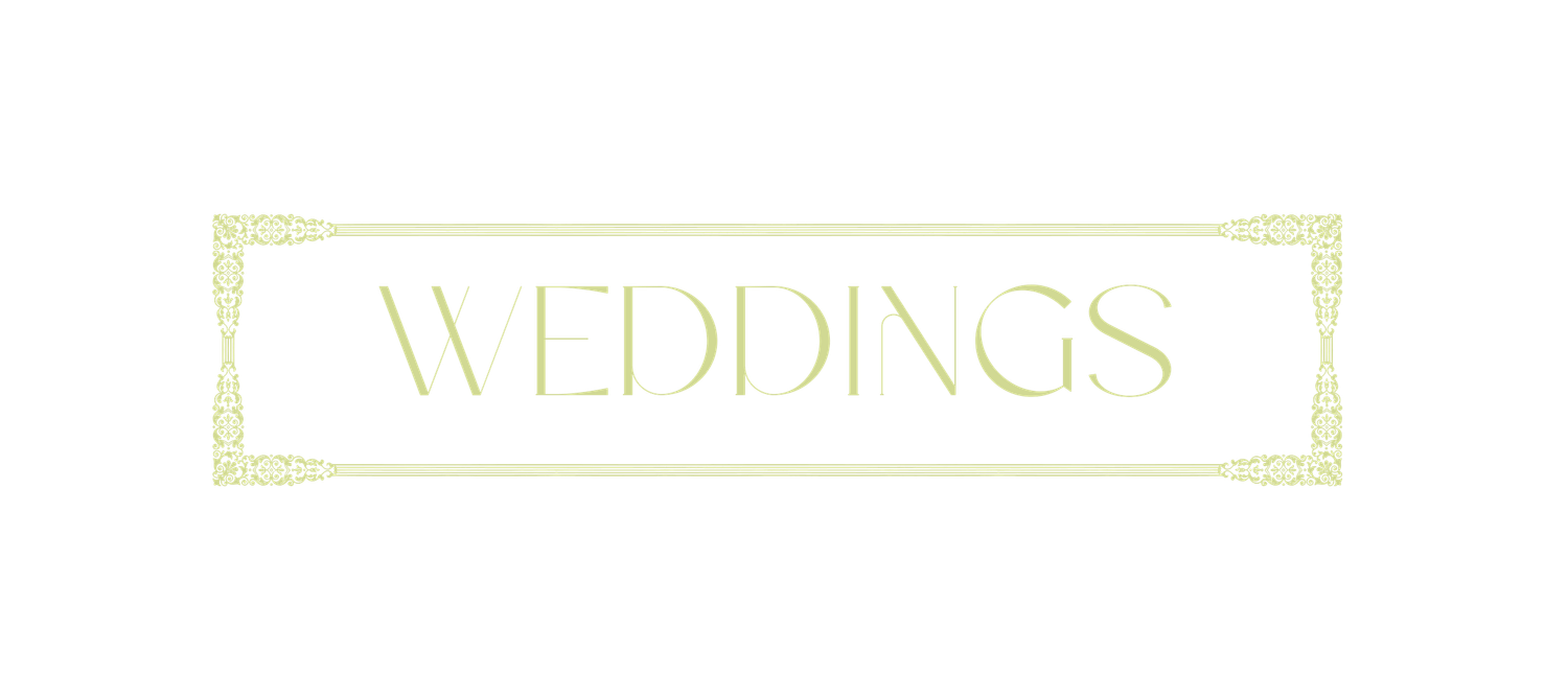 Elegant weddings text logo with decorative Art Deco border frame in soft green on white background.