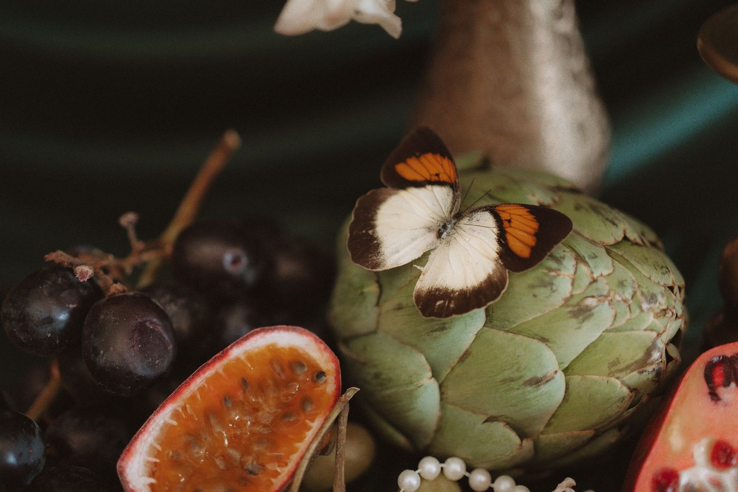 A butterfly rests on an artichoke surrounded by exotic fruits including passion fruit and grapes on a dark surface.