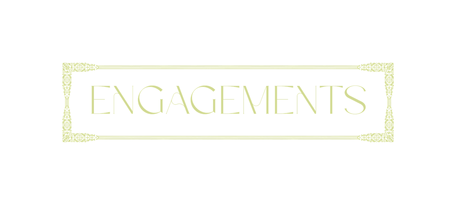 Elegant art deco style engagements text logo with decorative border in gold on dark background.