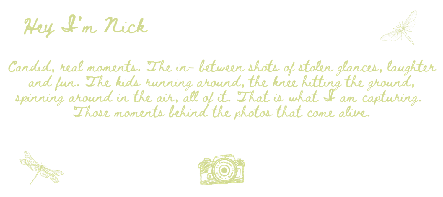 Handwritten 'Hey I'm Nick' introduction card with dragonfly illustrations and camera icon on cream background.