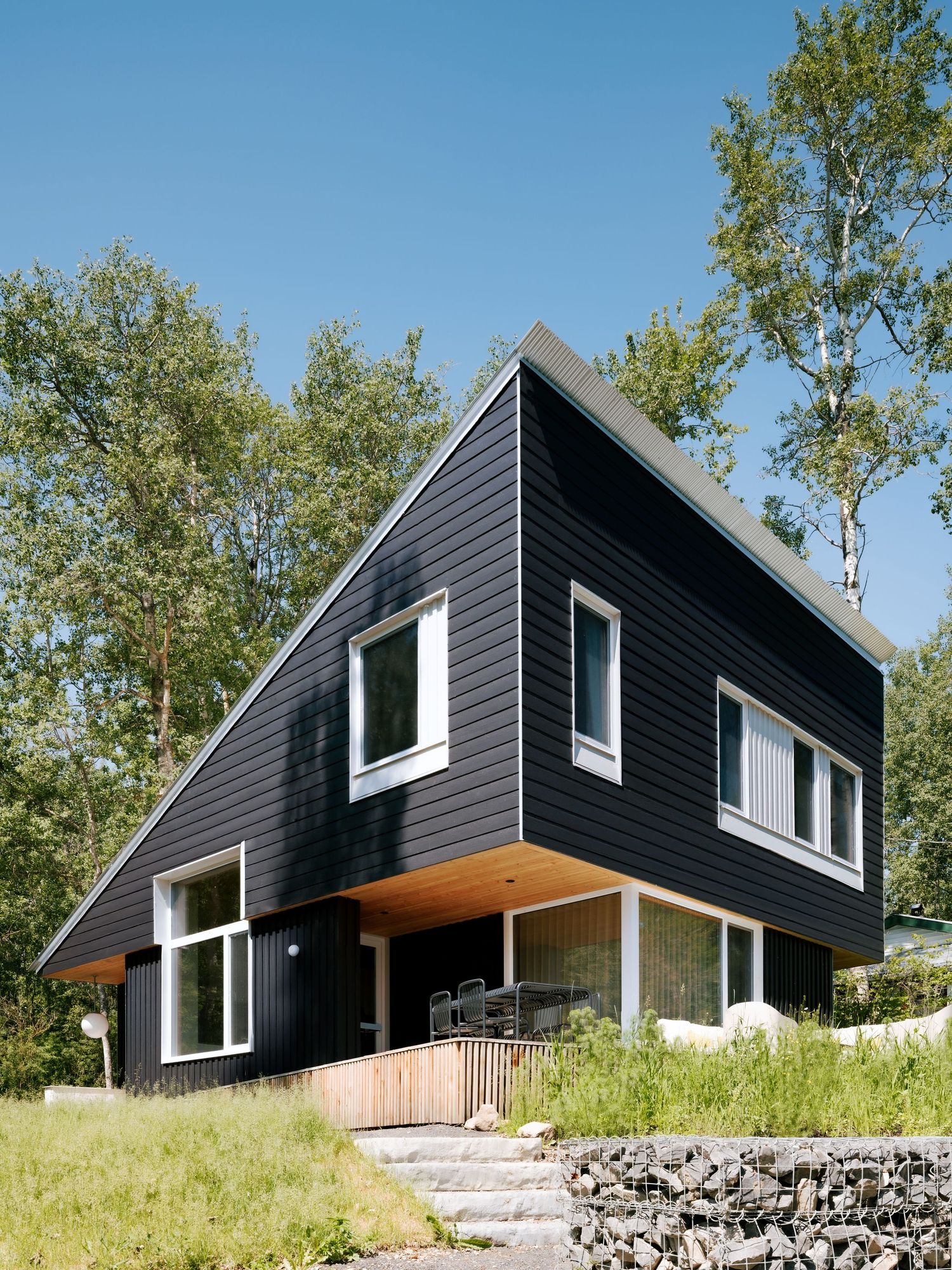Dark charcoal A-frame style home exterior with white windows, wood soffit, and natural landscape setting.