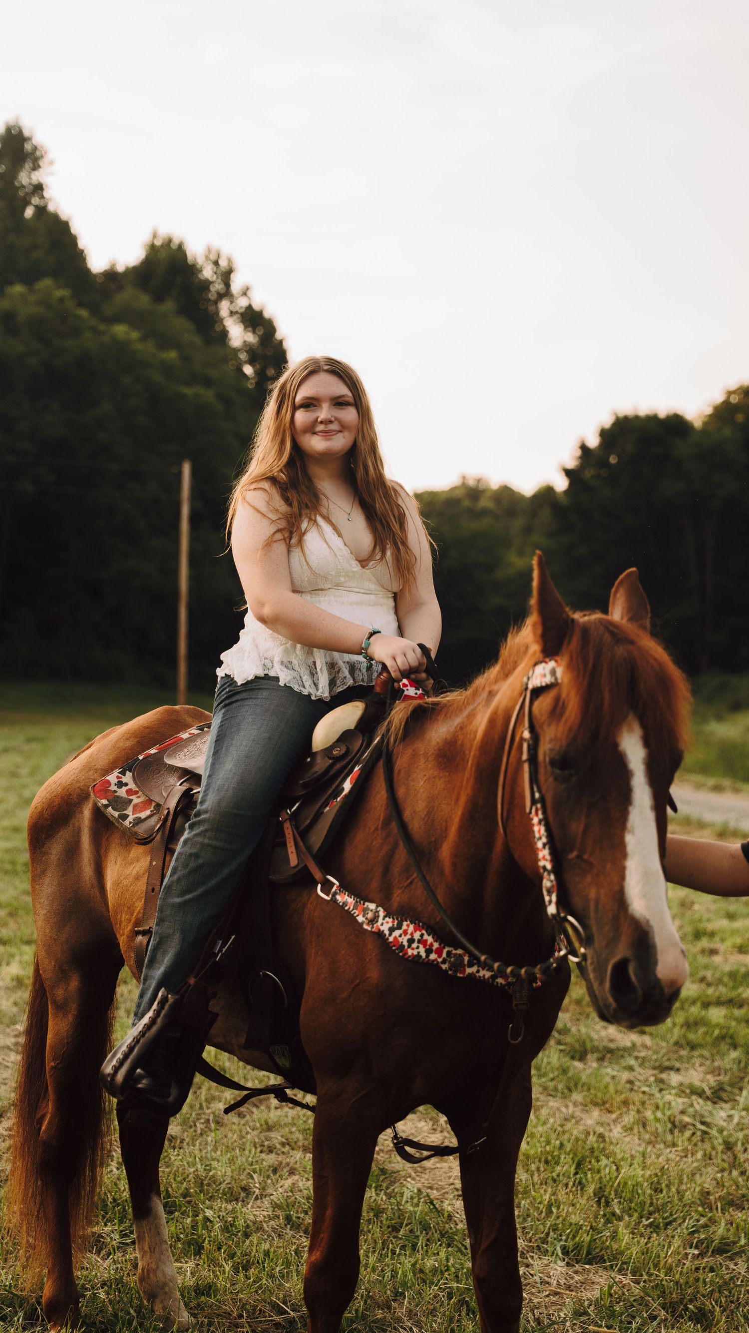 Young woman with long hair smiling while riding a chestnut horse in a green field at golden hour.