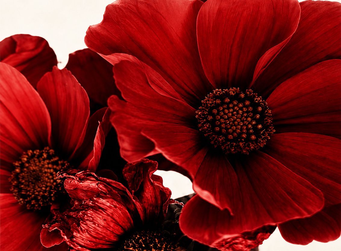 Close-up of deep red flowers with dark centres against a soft off-white background, featuring rich crimson petals.