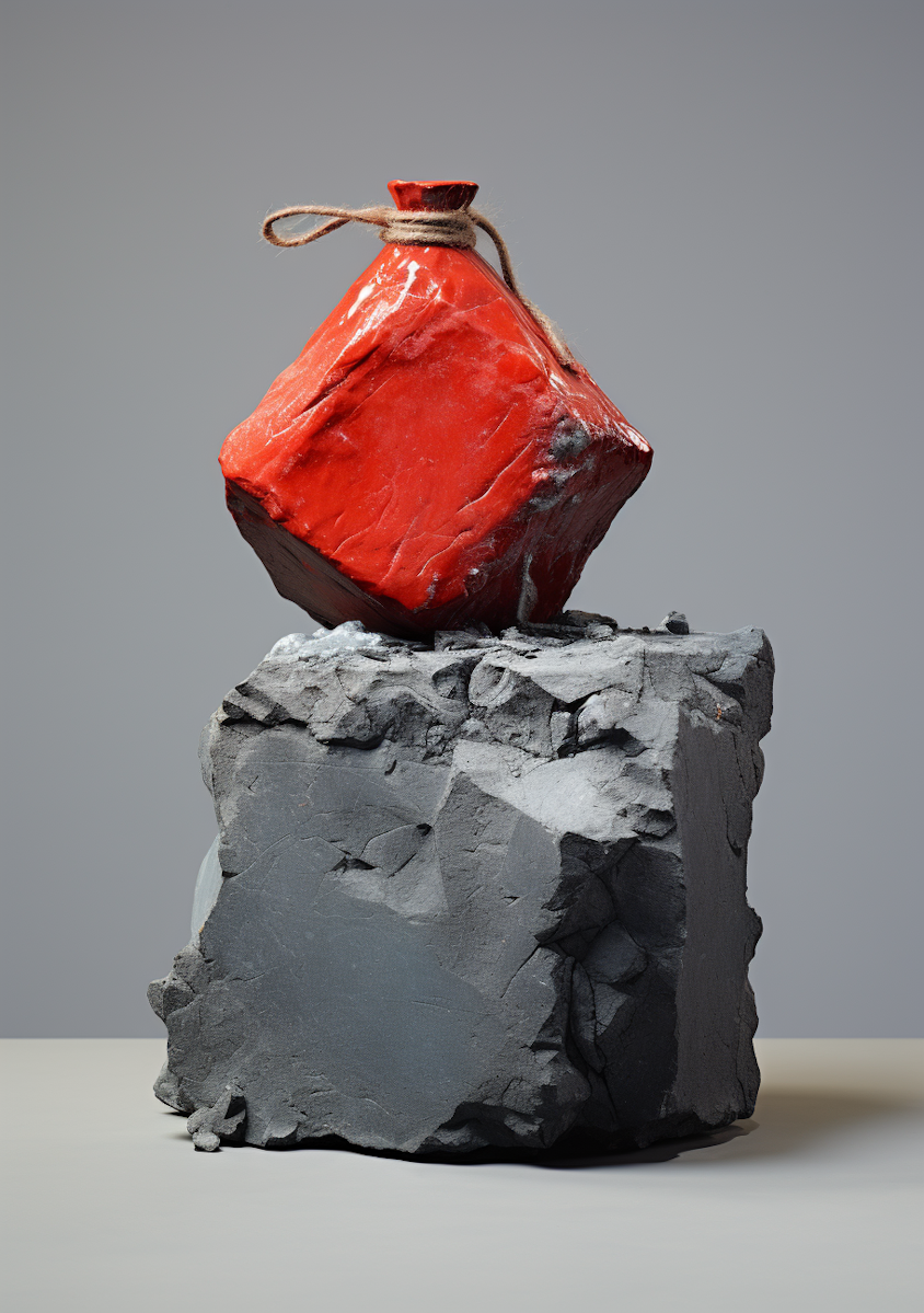 A vibrant red, geometric ceramic flask tied with coarse rope sits atop a jagged, dark grey stone block, contrasting raw natural texture with