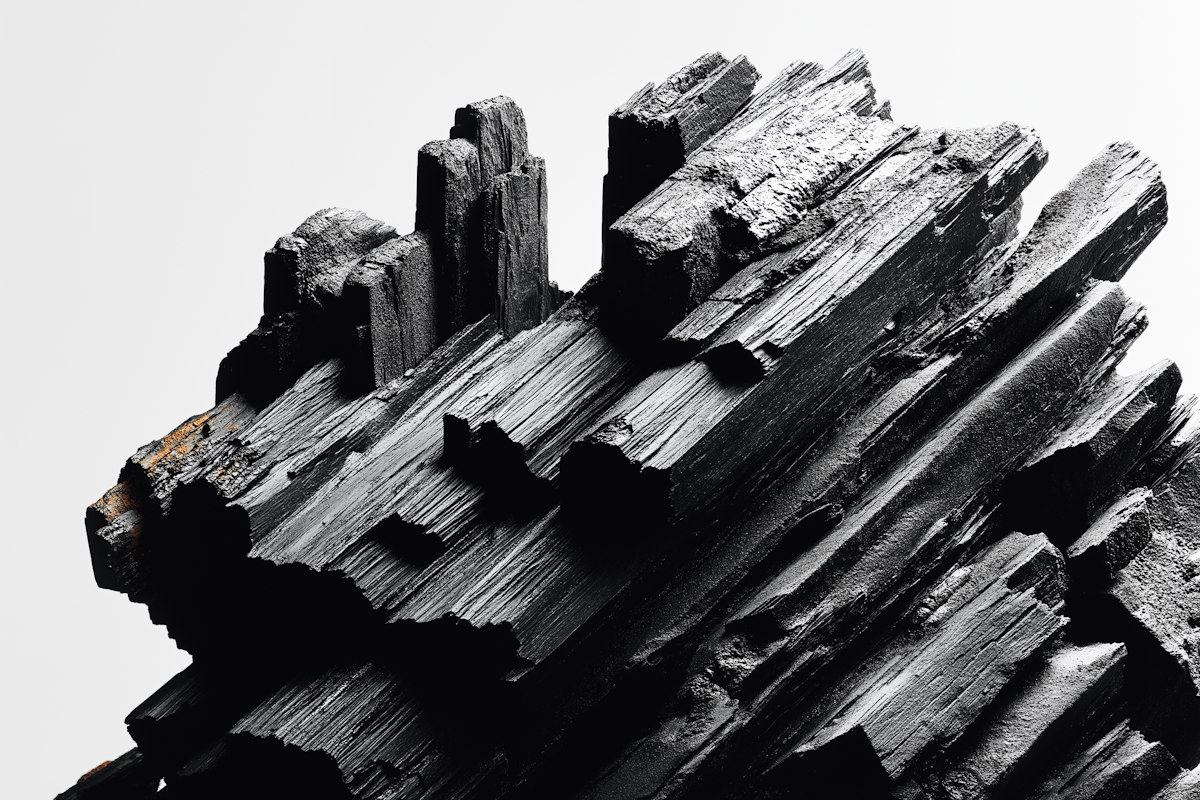 Abstract image of black, charred wood pieces stacked together, showing rough textures and fragmented shapes against a light background.