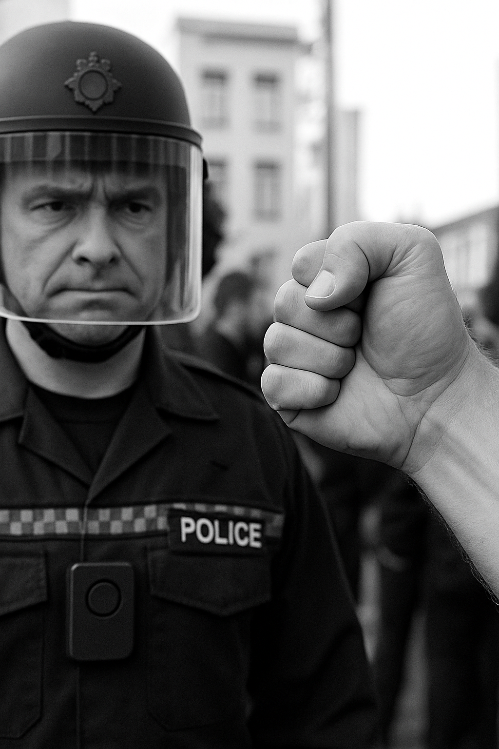 Black-and-white photo of a tense standoff between a protester and a UK police officer in riot gear. The officer stands facing forward with a