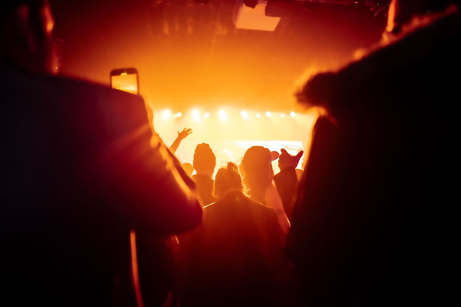 Music festival atmosphere with crowd silhouettes against orange-red lighting.