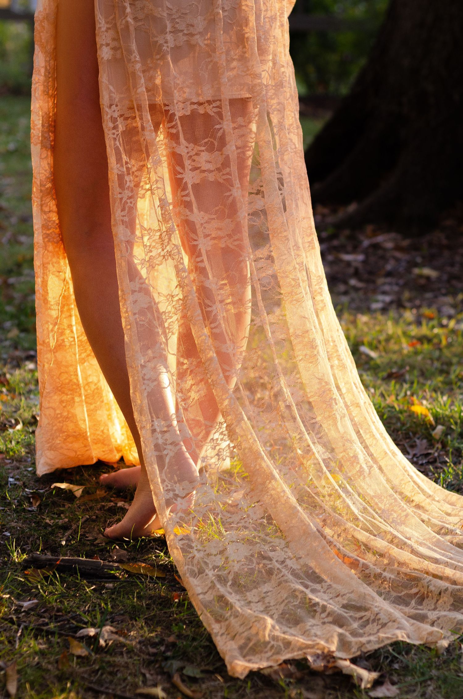 Sunlit lace dress train flows elegantly across autumn ground.Maternity photos by KM Conceptions Photography in Columbus, OH.