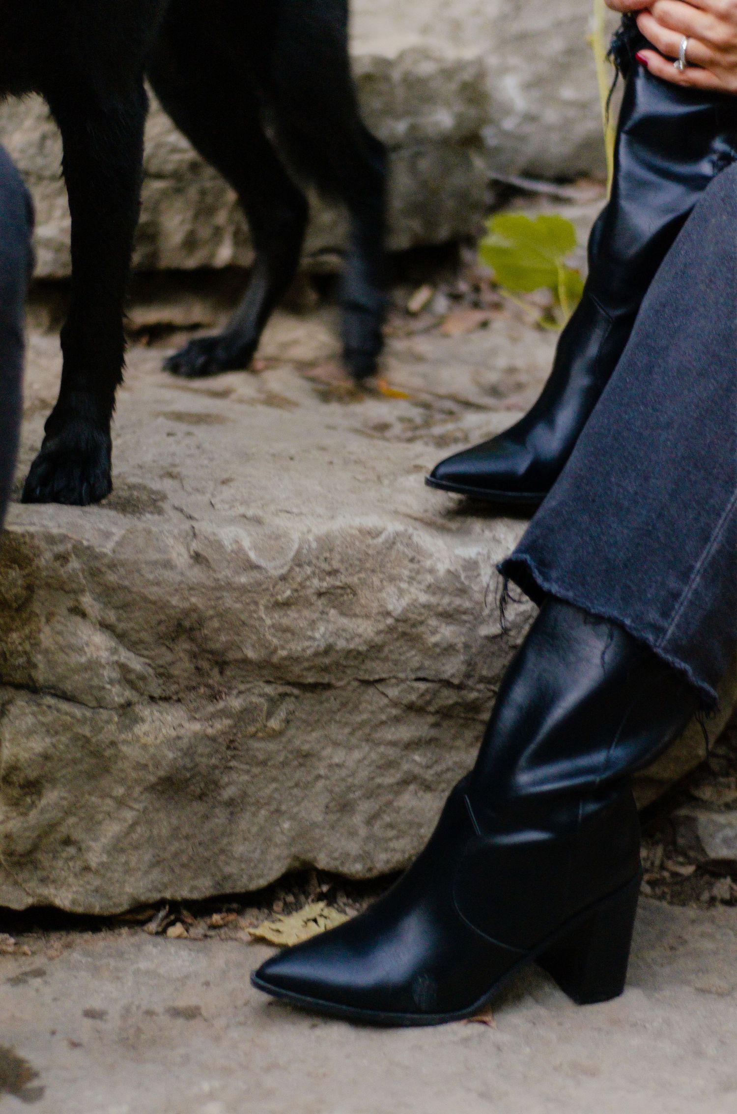 Black leather boots on rocky terrain near limestone cliff wall. Pet photos by KM Conceptions Photography in Columbus, OH.