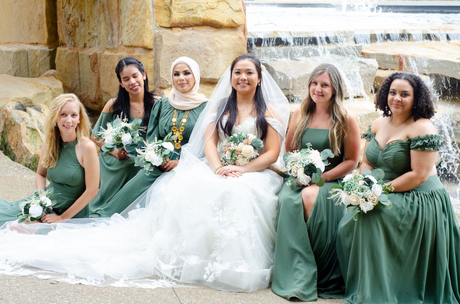 Bridesmaids in sage green dresses pose together in a collage of candid wedding photos.