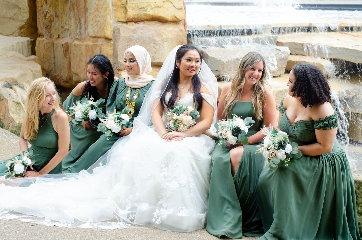 A series of wedding photos showing bridesmaids in sage green dresses interacting with the bride in a white gown.