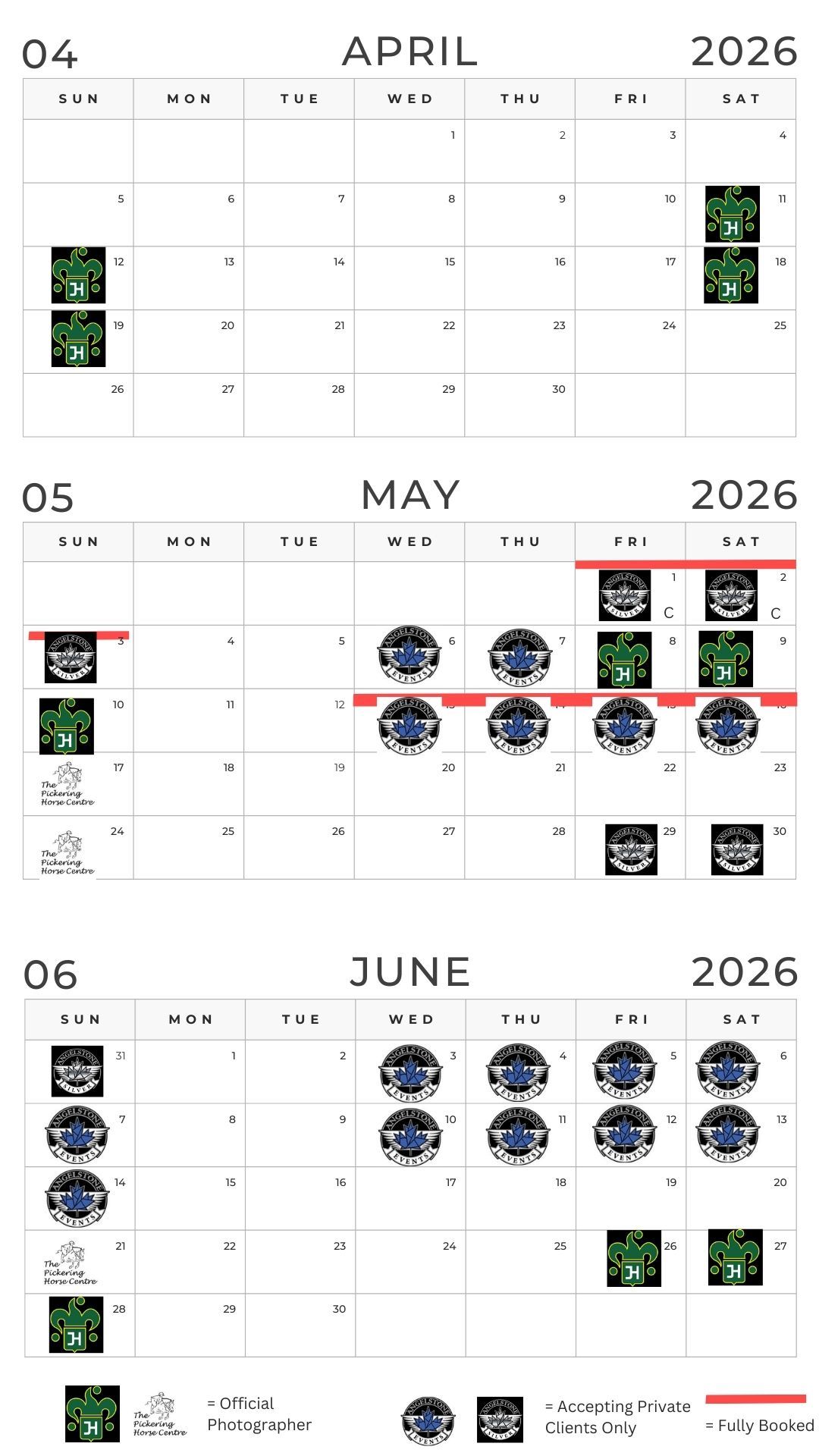 Calendar showing April through June 2026 with various event icons marked on specific dates including photography and booking symbols.