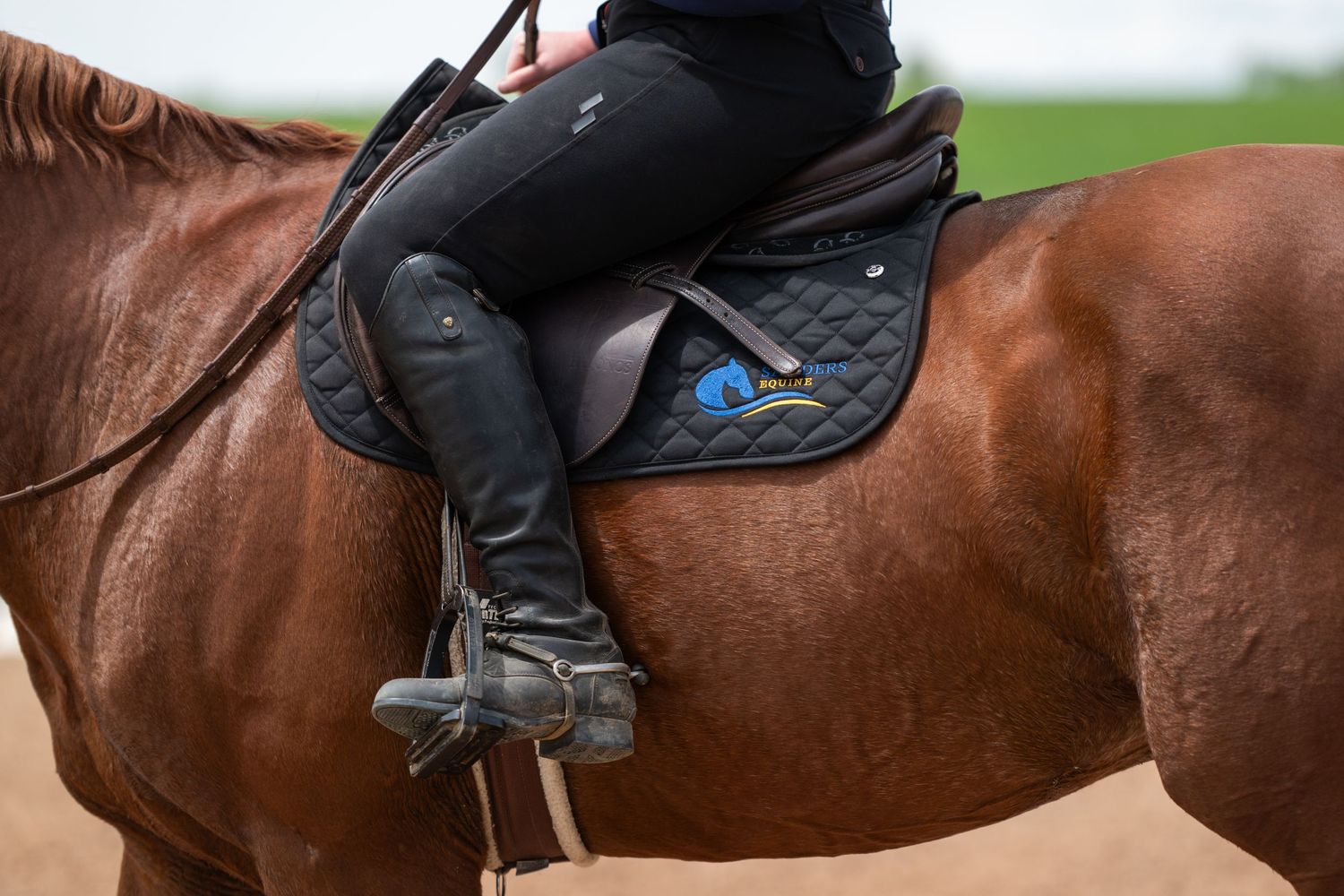 Close-up view of a rider's leg in stirrup while mounting a chestnut horse in an outdoor setting.