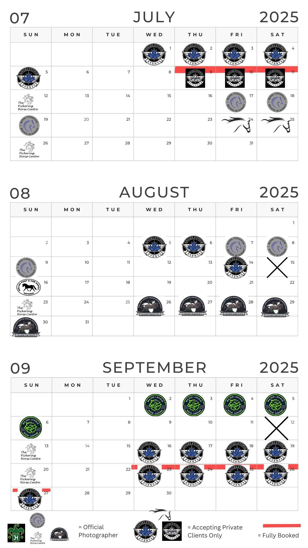 A three-month calendar view showing July through September 2025 with various moon phase and astronomical symbols marked on specific dates.