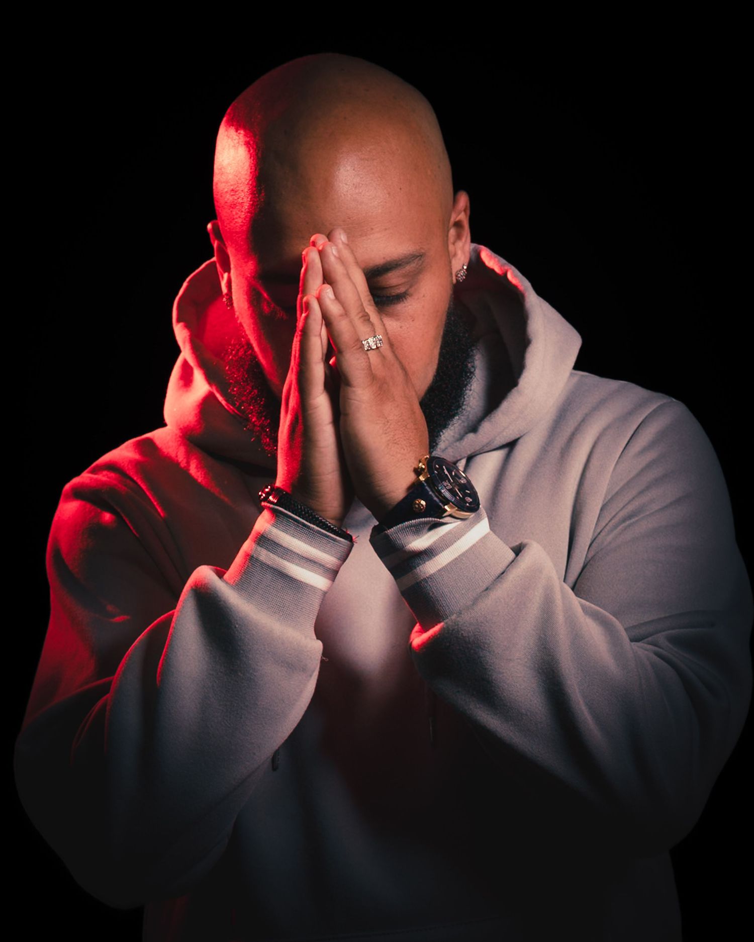 Capture emotion and intensity with a moody gel lighting portrait. Express your story through artistic studio photography in Houston.