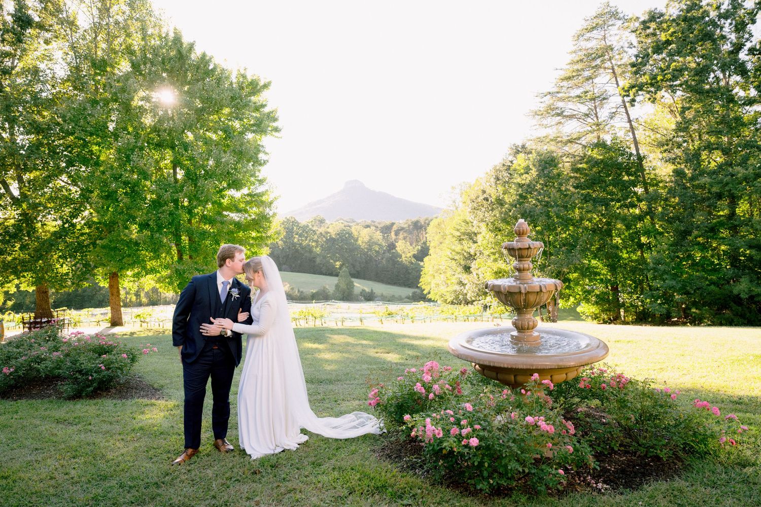 Bride and groom share vows beside a stone fountain on a lush green lawn with mountain views at golden hour.