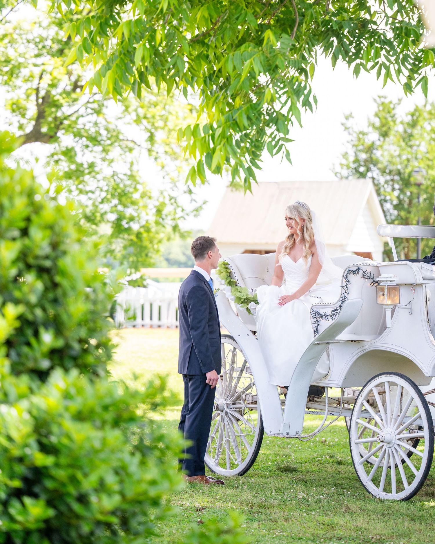 A romantic white horse-drawn carriage scene under lush green trees in an outdoor wedding setting.