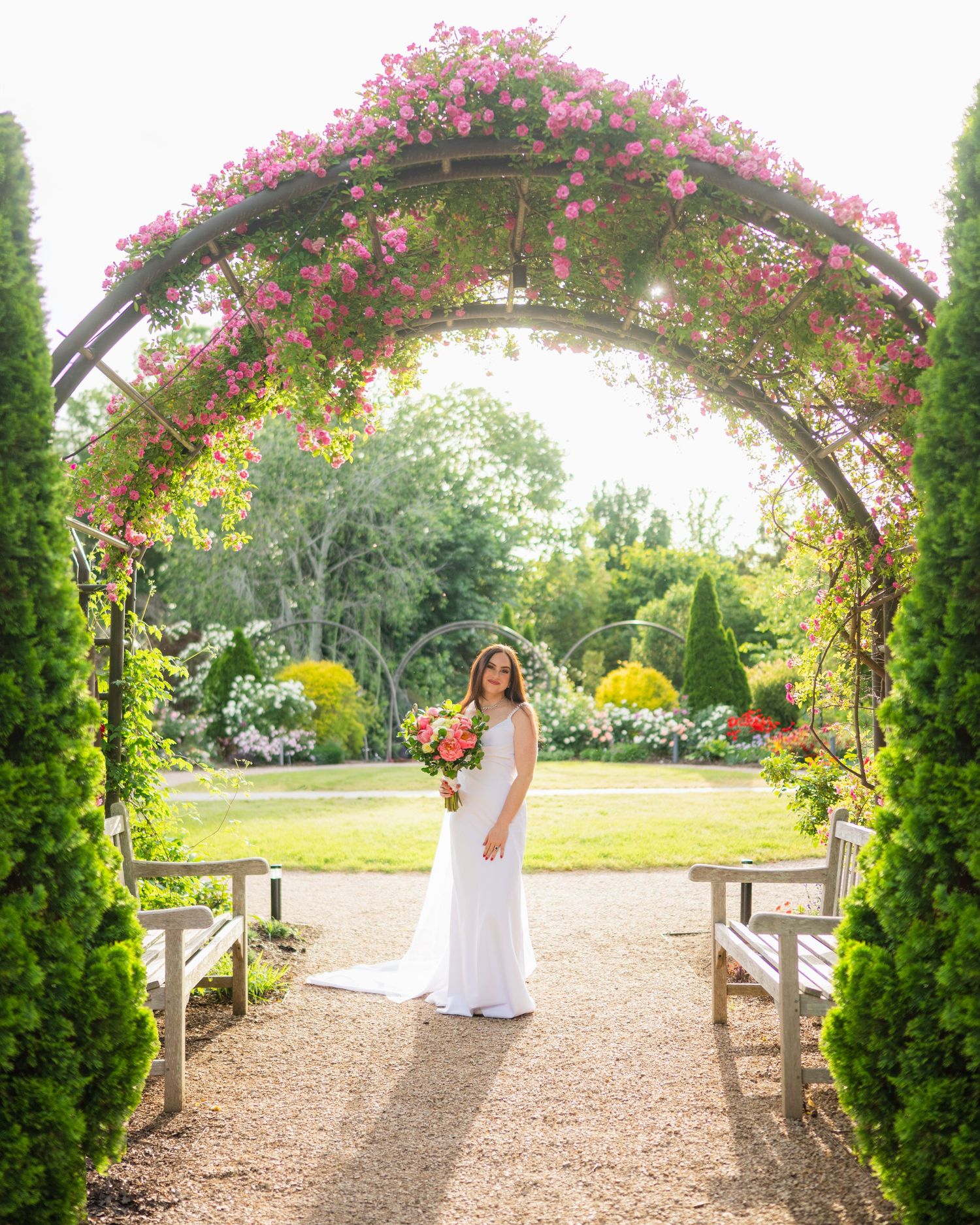 Beautiful garden archway covered in pink climbing roses frames a gravel path with evergreen shrubs and colorful flower beds.