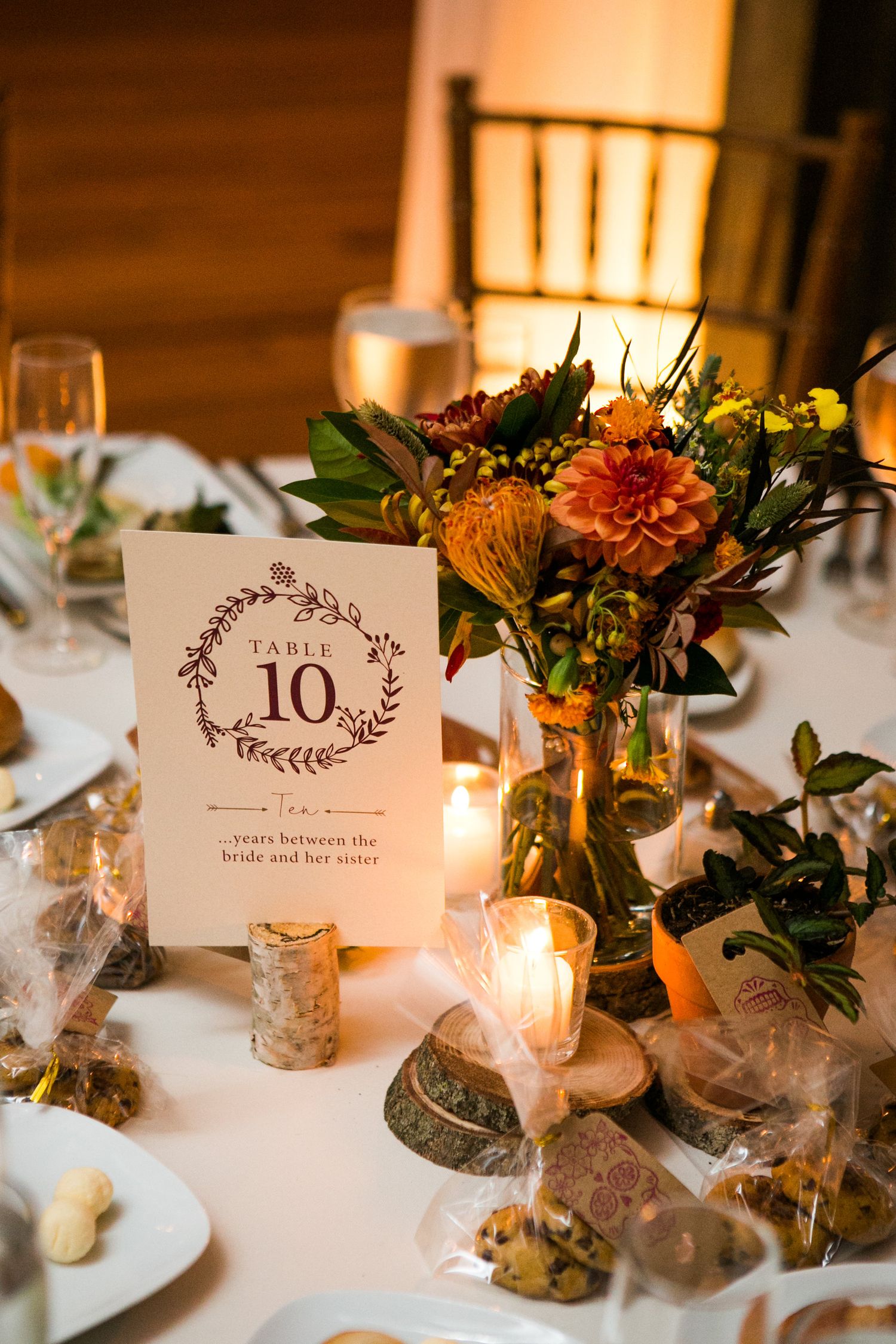 Wedding table number 10 card with autumn floral centerpiece, candles, and wood slice decor.